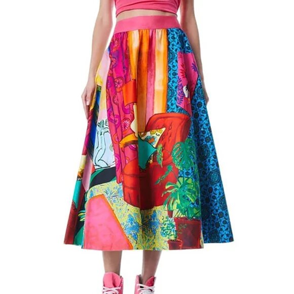 Alice Olivia Earla Midi Skirt Parlour Painted Print Colorful